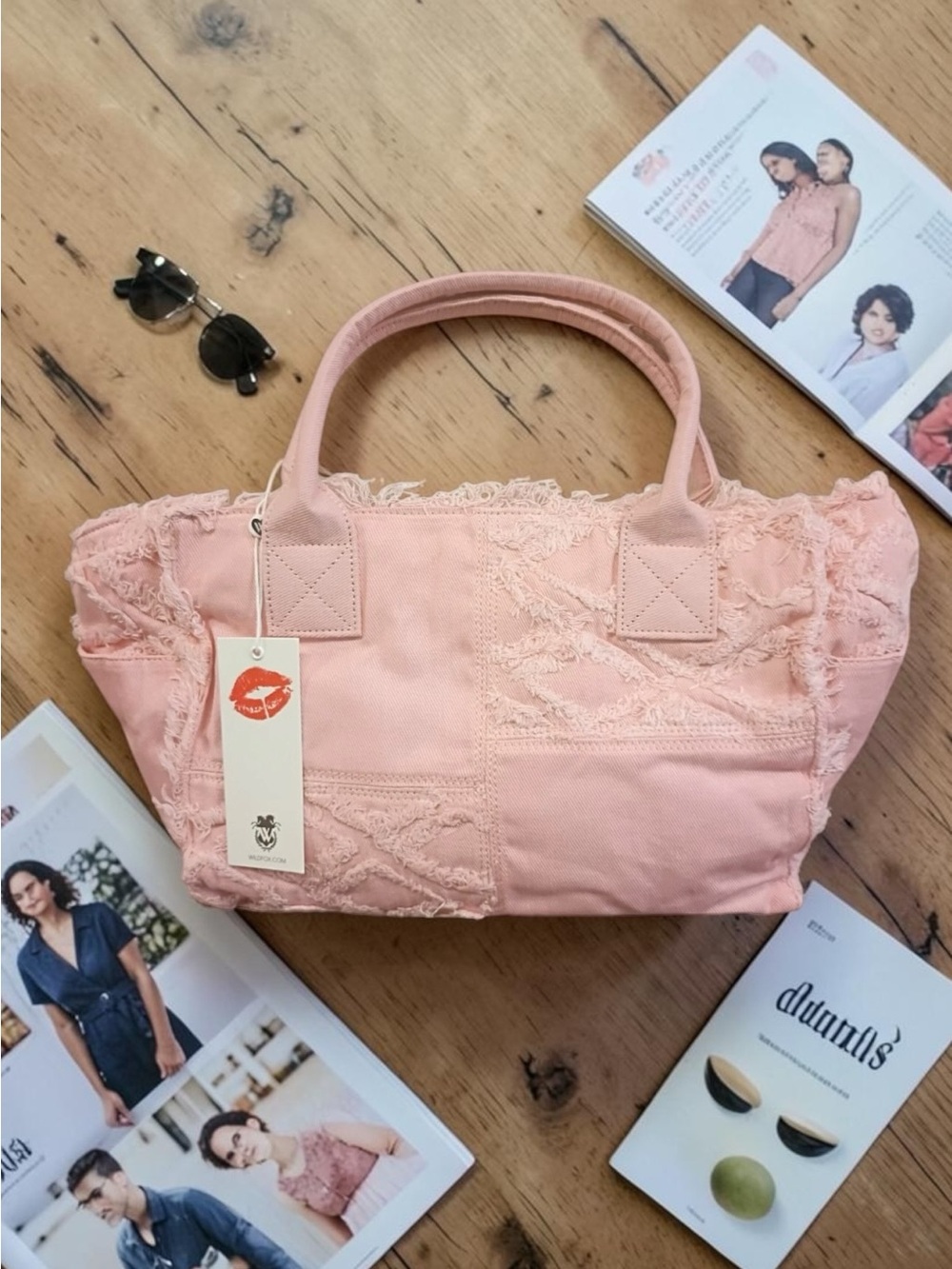 Wildfox Pink Frayed Denim Tote with Detachable Shoulder Strap NWT 🌸 - Picture 3 of 8